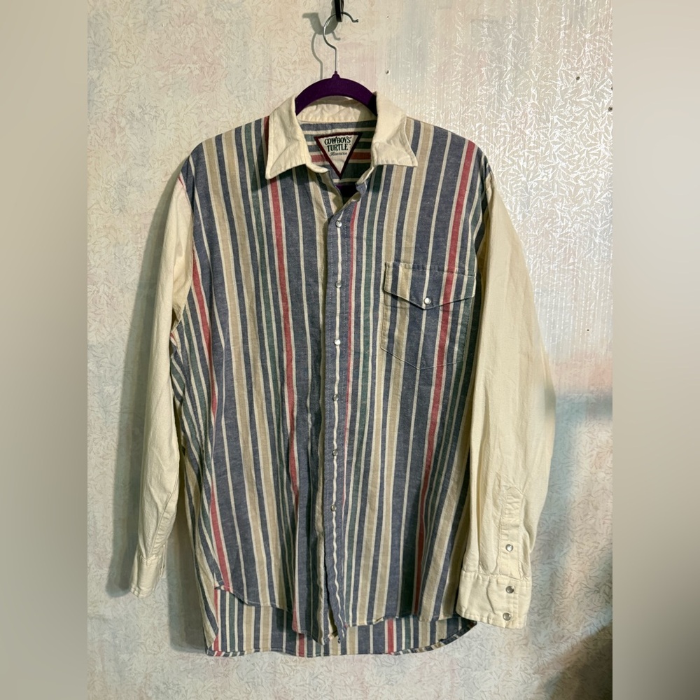 Vtg Cowboys Turtle Men's Pearl Button Snap Front Shirt in Blue / Cream Strips